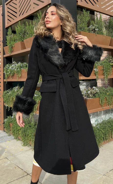 Fuzzy Collar and Cuff Belted Coat 