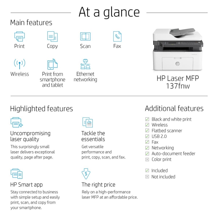 HP LASERJET MFP 137FNW Print, Copy, Scan, Fax, Duplex, Mono printing 1200 x 1200 DPI 21 ppm A4 Wi-Fi & Ethernet LAN 