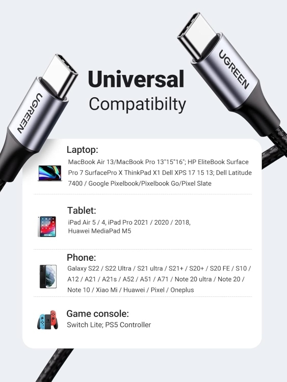 UGREEN US261 50150 USB-C 2.0 MALE TO USB-
MALE 3A DATA CABLE 1M 2.0