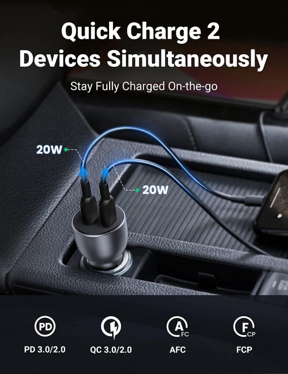 UGREEN	CD213-70594 USB-C PD+USB-C PD 40W FAST CAR CHARGER GREY