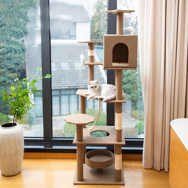 Multi-level cat tree tower, long resting area, spacious apartments for cats, scratching posts with hammock, hanging toys, house for fun and rest