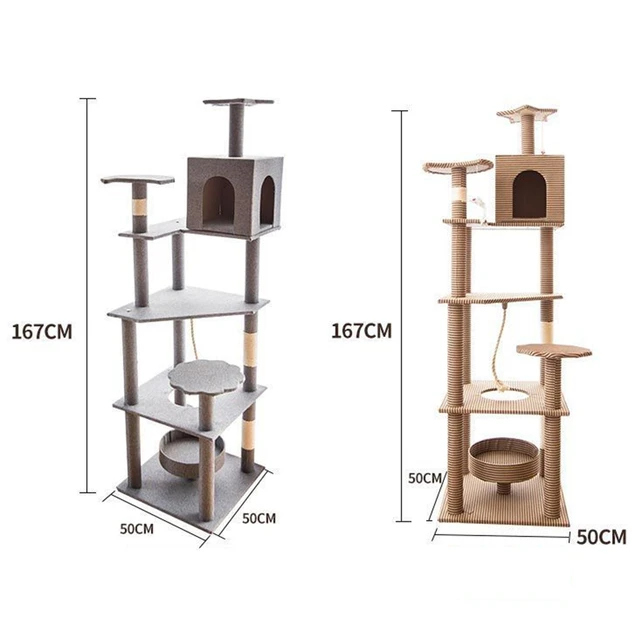 Multi-level cat tree tower, long resting area, spacious apartments for cats, scratching posts with hammock, hanging toys, house for fun and rest