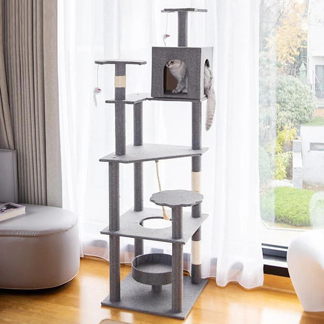 Multi-level cat tree tower, long resting area, spacious apartments for cats, scratching posts with hammock, hanging toys, house for fun and rest