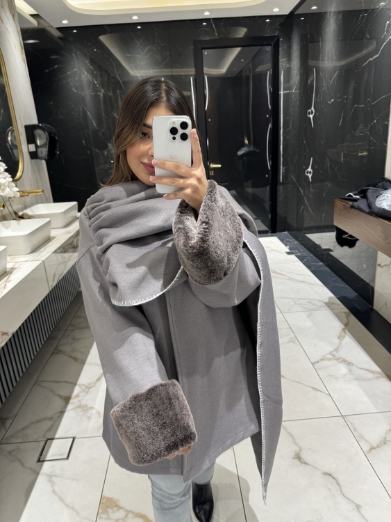 Scarf Wrap Jacket with Fur Cuff (grey) حجز