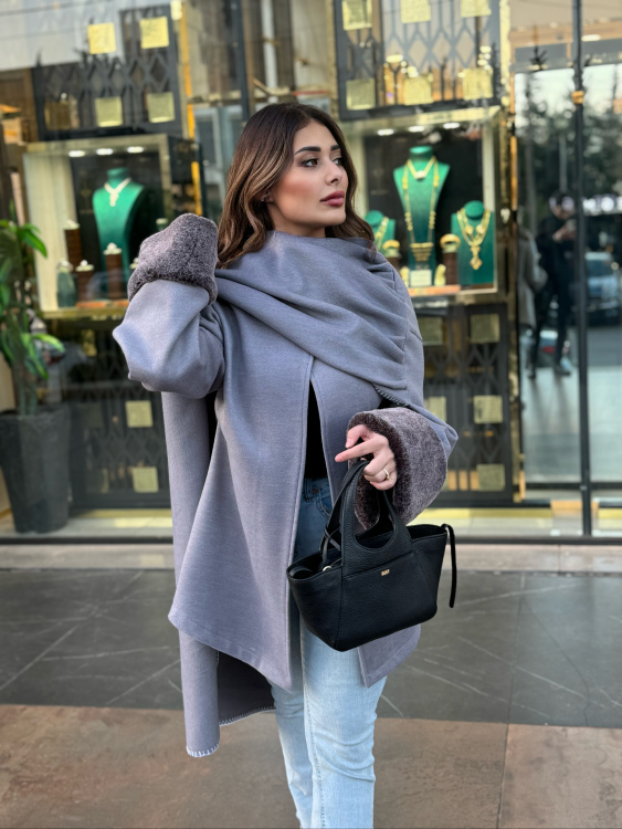 Scarf Wrap Jacket with Fur Cuff (grey) حجز