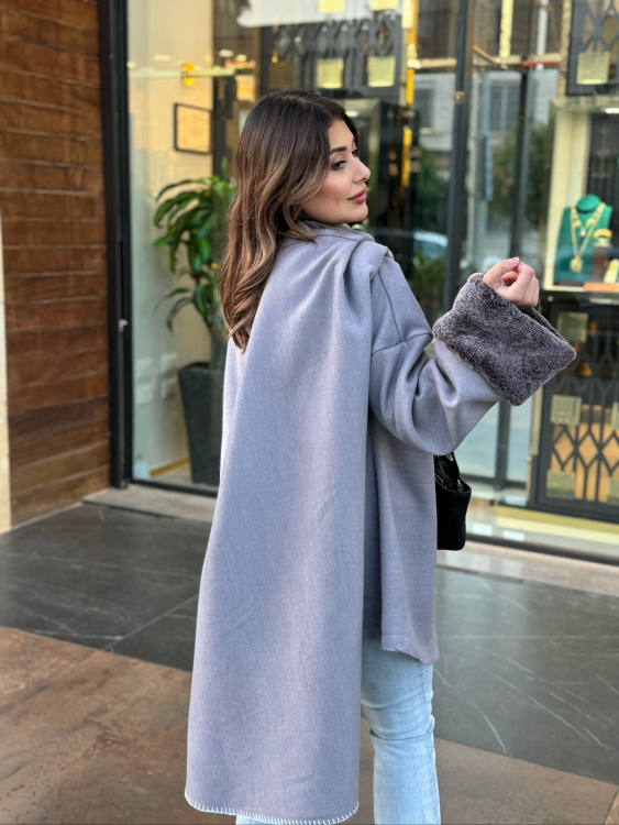 Scarf Wrap Jacket with Fur Cuff (grey) حجز