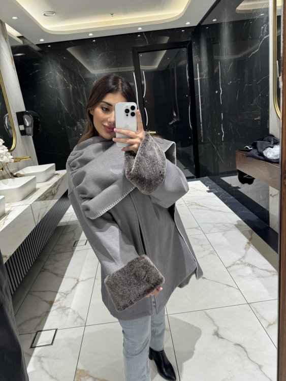 Scarf Wrap Jacket with Fur Cuff (grey) حجز