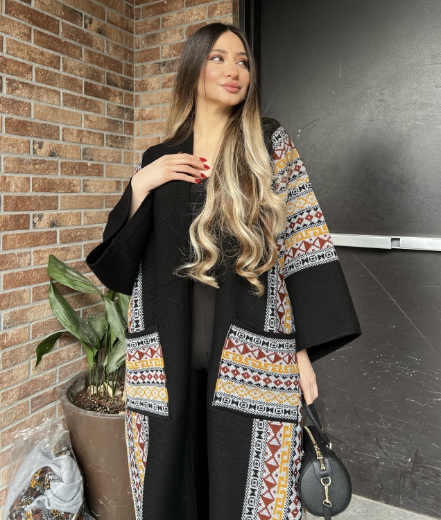 Black Triko Geo Pattern Drop Shoulder Cardigan 