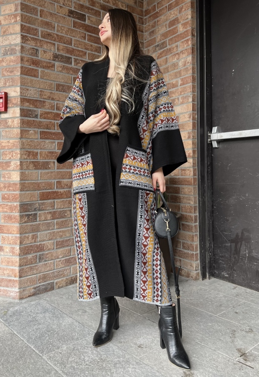 Black Triko Geo Pattern Drop Shoulder Cardigan 