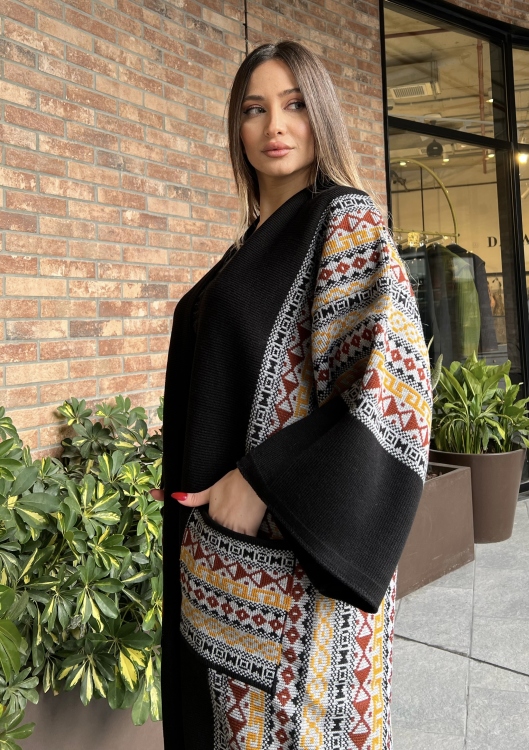 Black Triko Geo Pattern Drop Shoulder Cardigan 