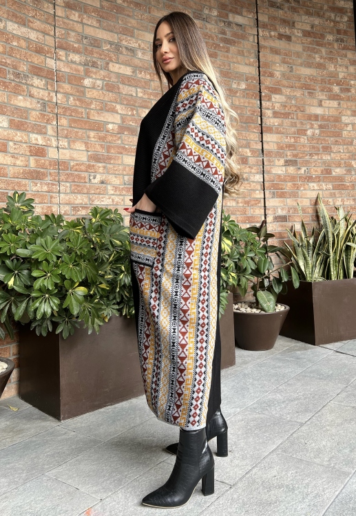 Black Triko Geo Pattern Drop Shoulder Cardigan 