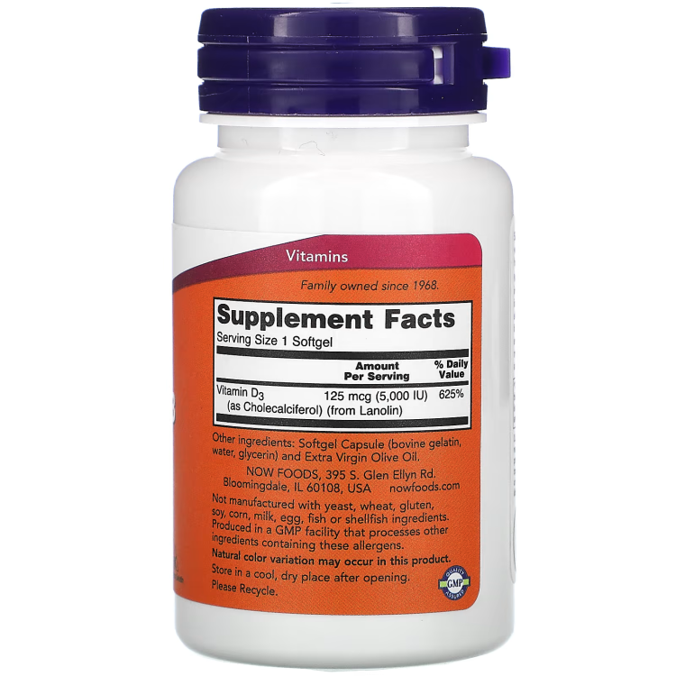 NOW Foods, Vitamin D-3, 125 mcg (5,000 IU), 120 Softgels